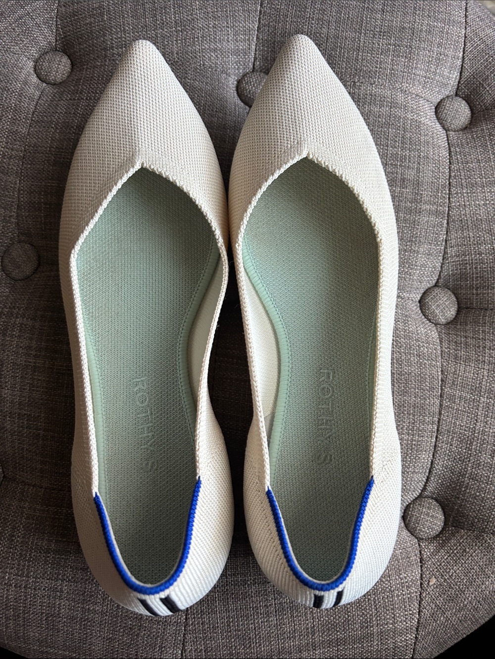 Rothy's Pointed-Toe Knit Flats in Off-White with Blue Heel Trim